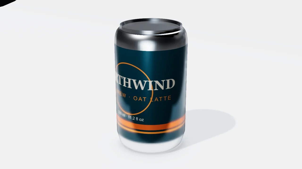 標籤環繞印在 3D 飲料罐上,白底四分之三視角