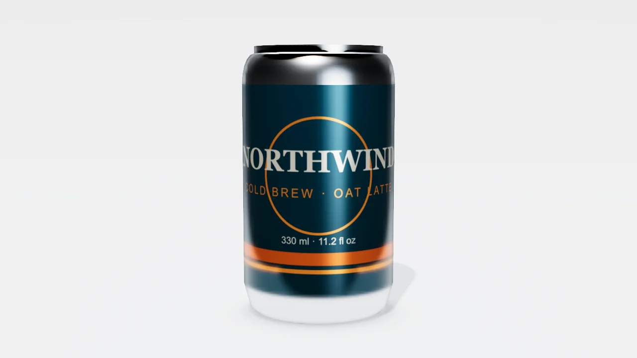貼著標籤的 3D 飲料罐,白色背景下的正面視圖