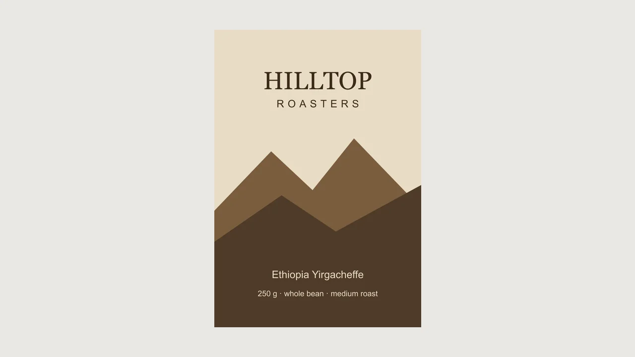 咖啡袋的平面正面設計稿,有山巒和文字 Hilltop Roasters