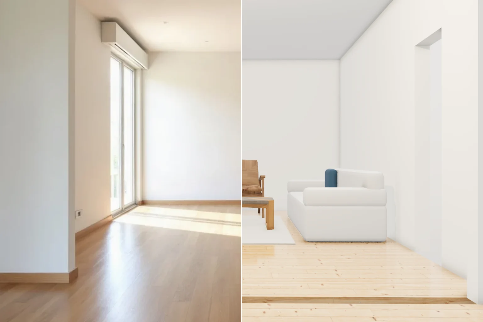 La foto de un salón vacío cuya mitad derecha es la misma habitación reconstruida en 3D y con home staging, vista desde la propia cámara de la foto