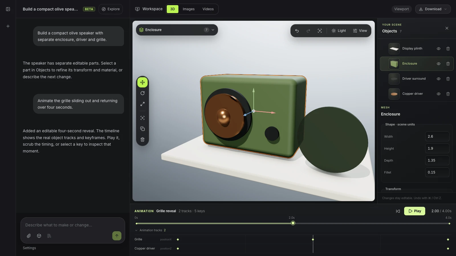 Actual Mixos AI interface showing a speaker product animation with editable tracks and keyframes