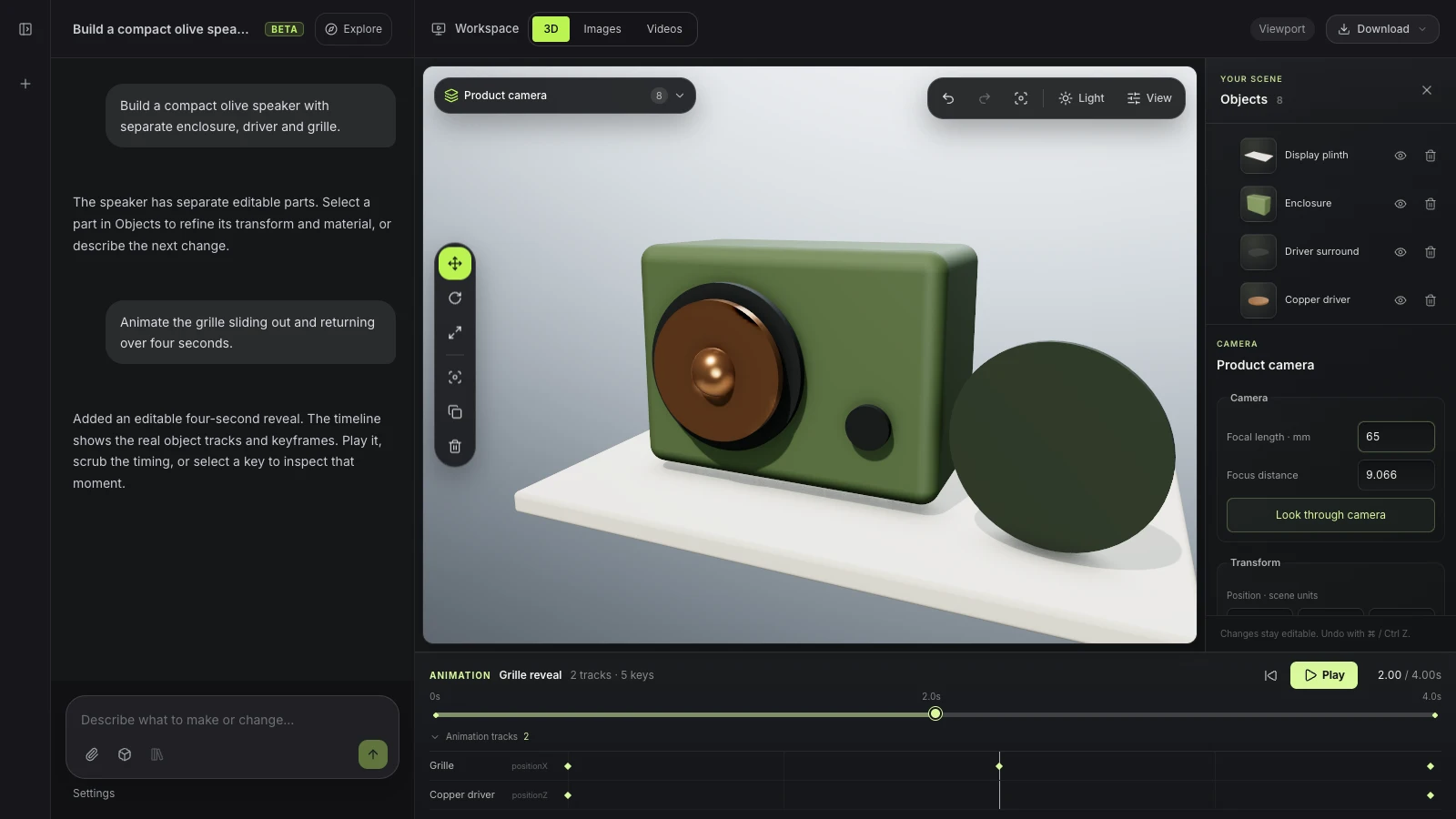Interfaccia reale di Mixos AI con un inspector della camera accanto a una scena modificabile con altoparlante