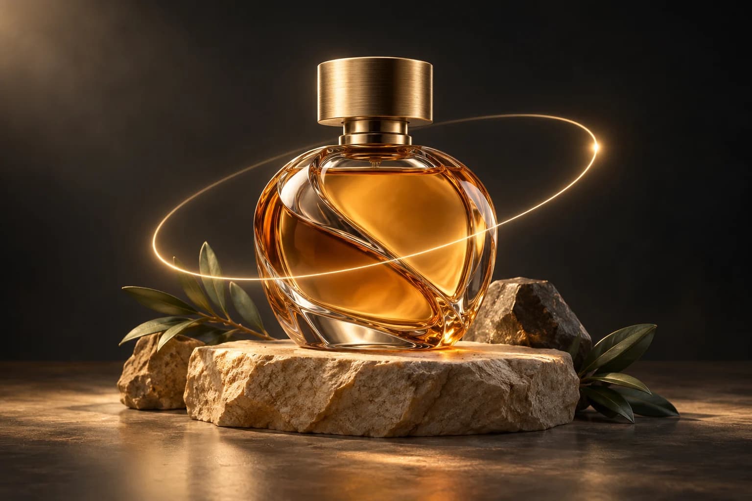 Amber perfume bottle with a brass cap on travertine, surrounded by a subtle arc suggesting a camera orbit