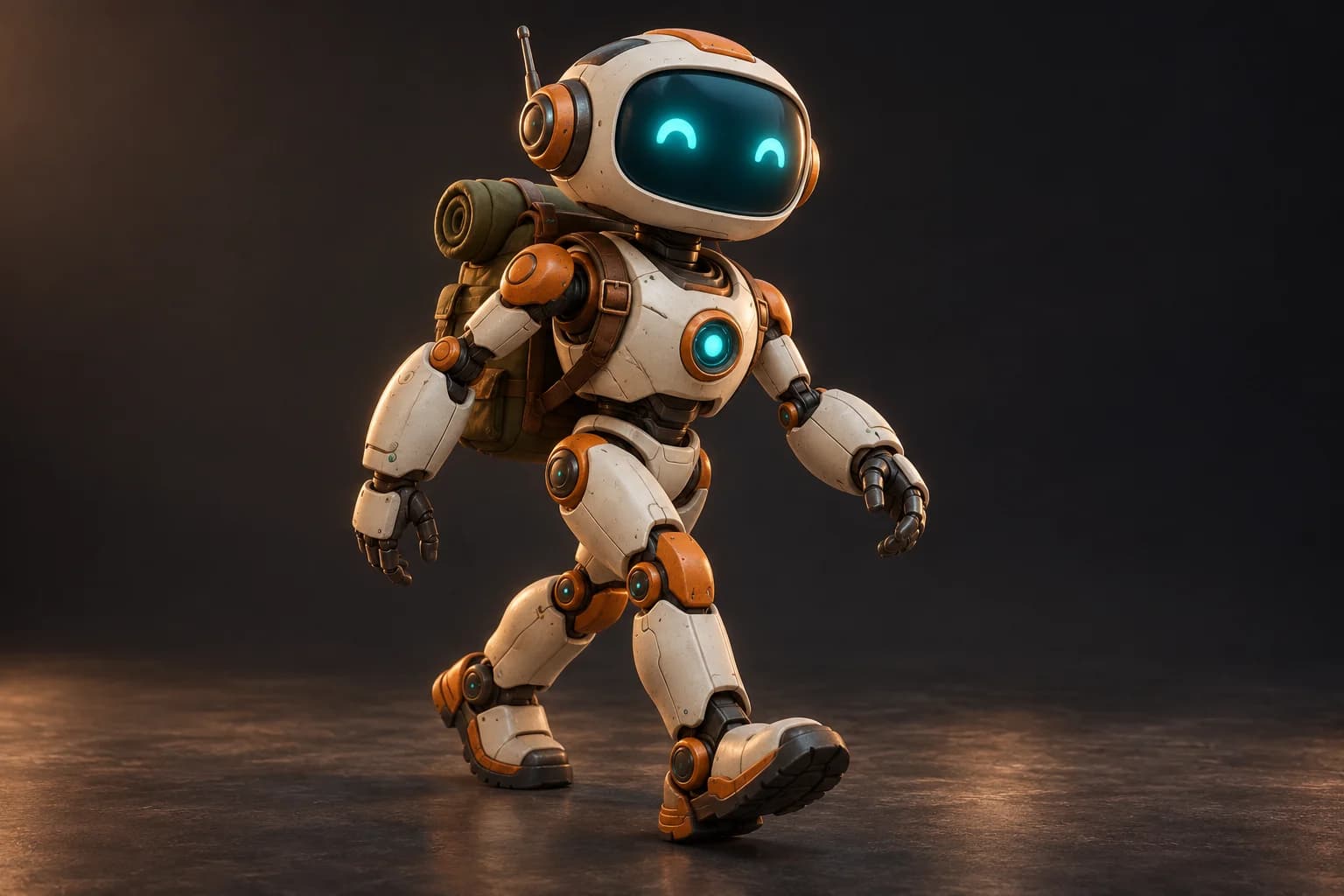 Robot explorador color marfil con articulaciones naranjas en pose de caminar, con marcadores sutiles que muestran sus extremidades articuladas