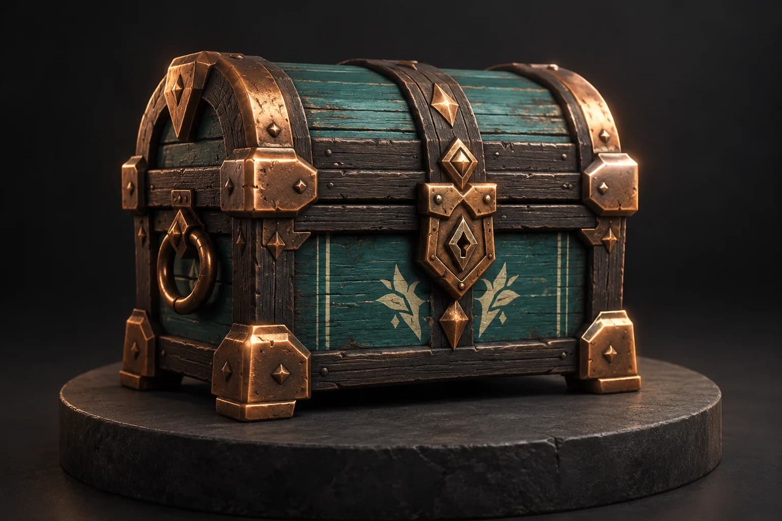 Stylized fantasy supply chest with dark timber, teal panels and copper corners on a dark pedestal