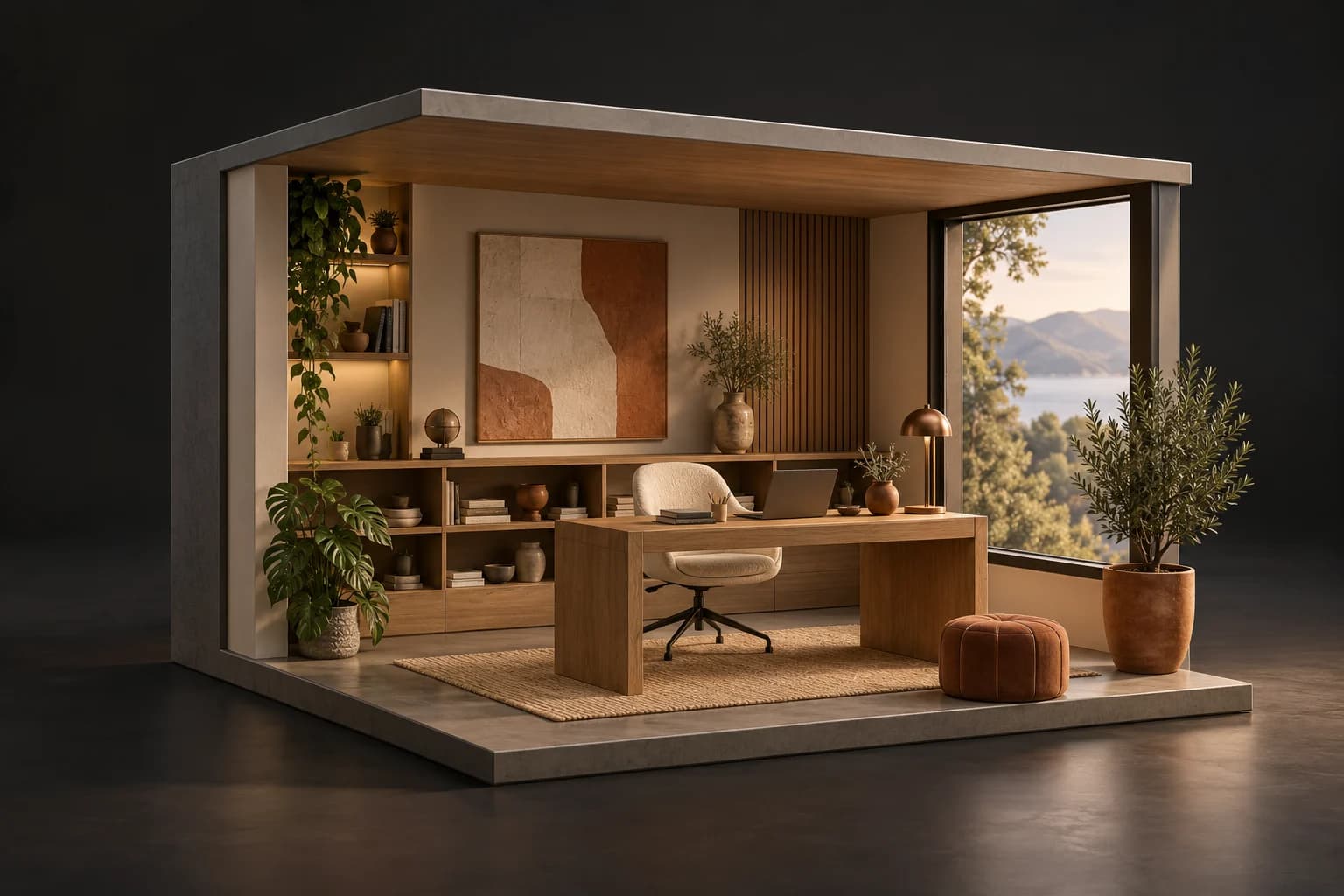 Cutaway home office concept with warm oak desk, ivory chair, low shelving and a sunlit window