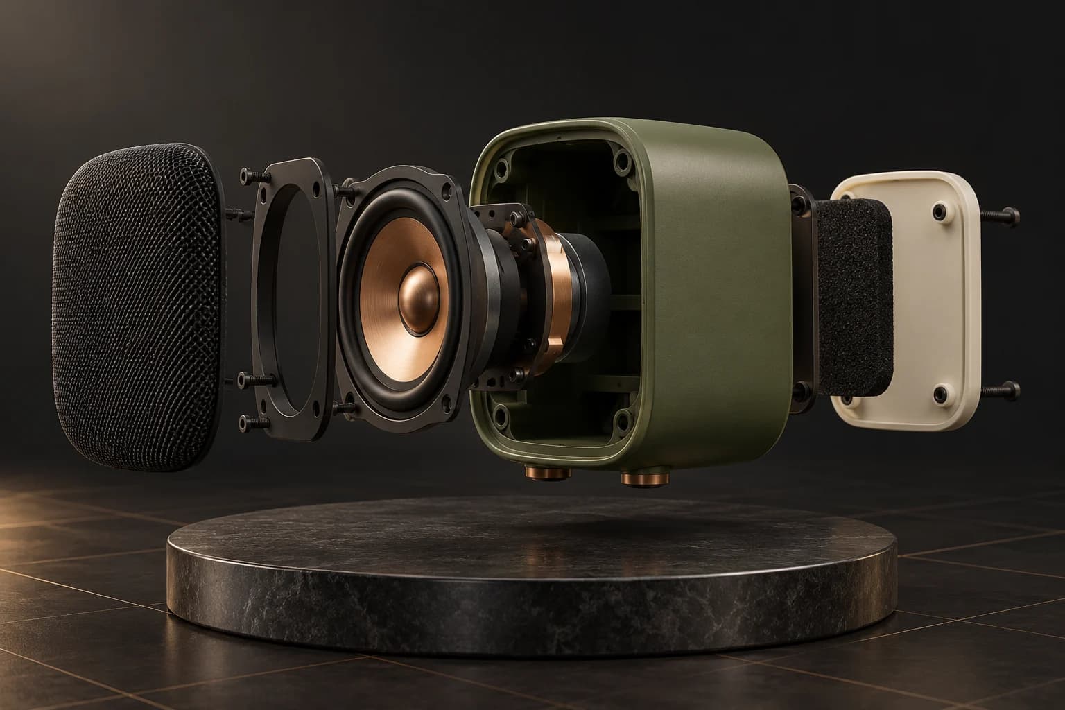 Exploded concept of an olive studio speaker with a copper driver and separate enclosure, grille and back panel