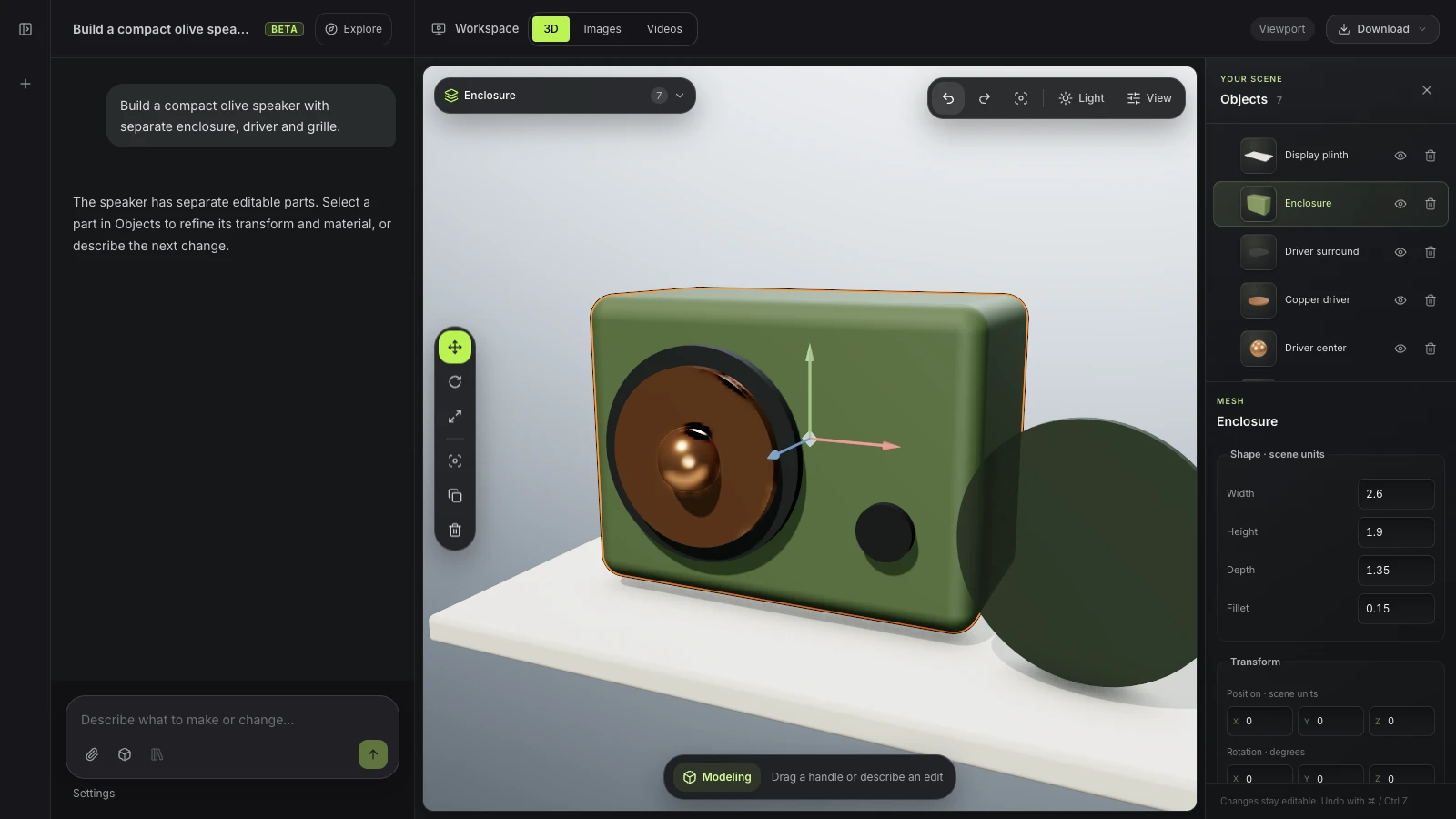 Actual Mixos AI preview workspace showing chat beside an editable product scene