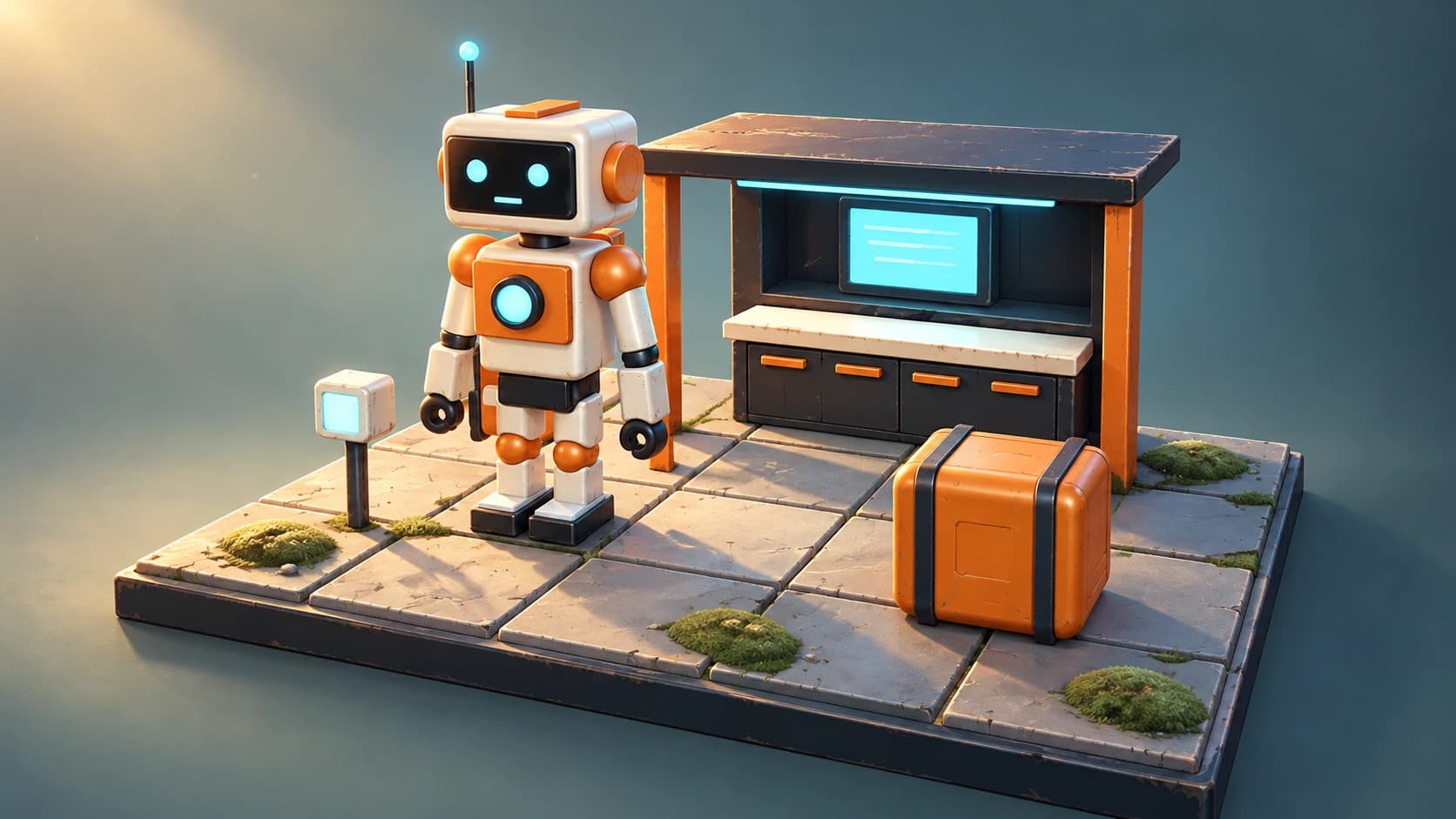 Illustrative AI finish of the same robot outpost arrangement with worn painted metal, moss-covered tiles and warm cinematic lighting