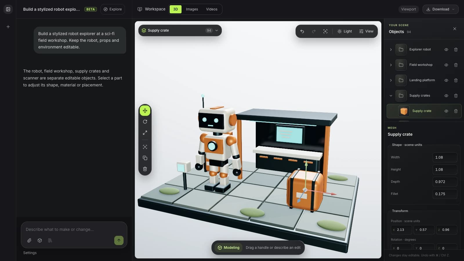 Current Mixos AI workspace showing the editable robot outpost used as the reference for an illustrative AI finish
