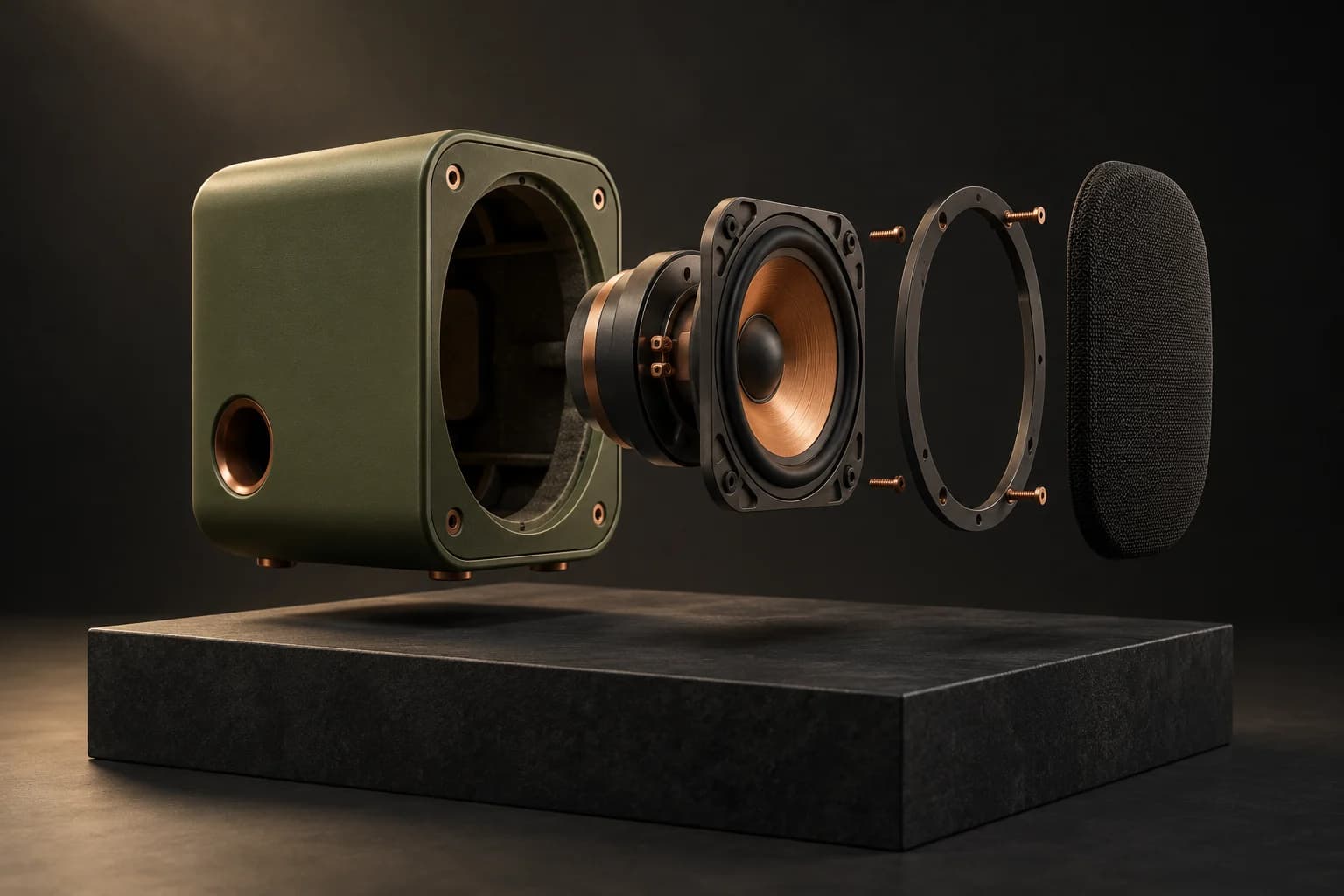 Altavoz de estudio verde oliva despiezado, con driver de cobre y rejilla oscura flotando por separado sobre un pedestal color carbón