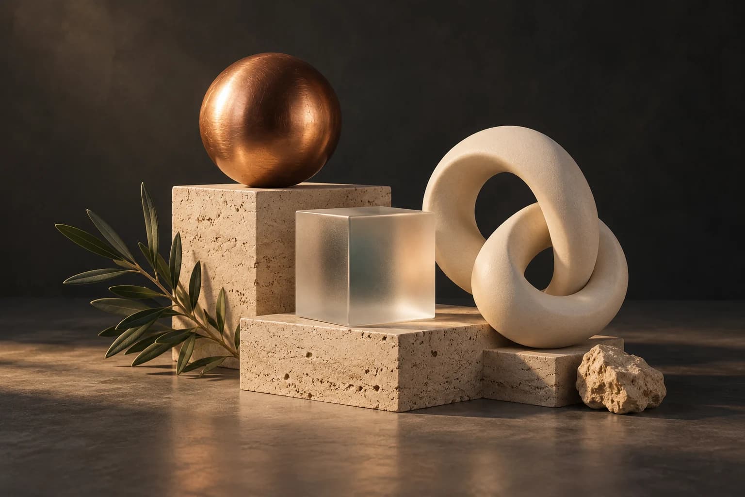 Esfera de cobre, cubo de vidrio esmerilado y lazo escultórico color marfil dispuestos sobre bloques de travertino bajo una luz suave