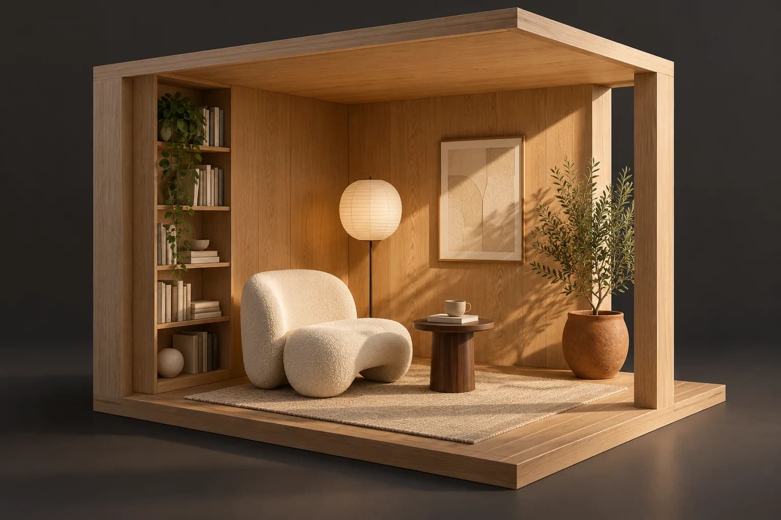 Open-sided 3D reading room with oak walls, an ivory chair, walnut table, paper lamp and terracotta planter