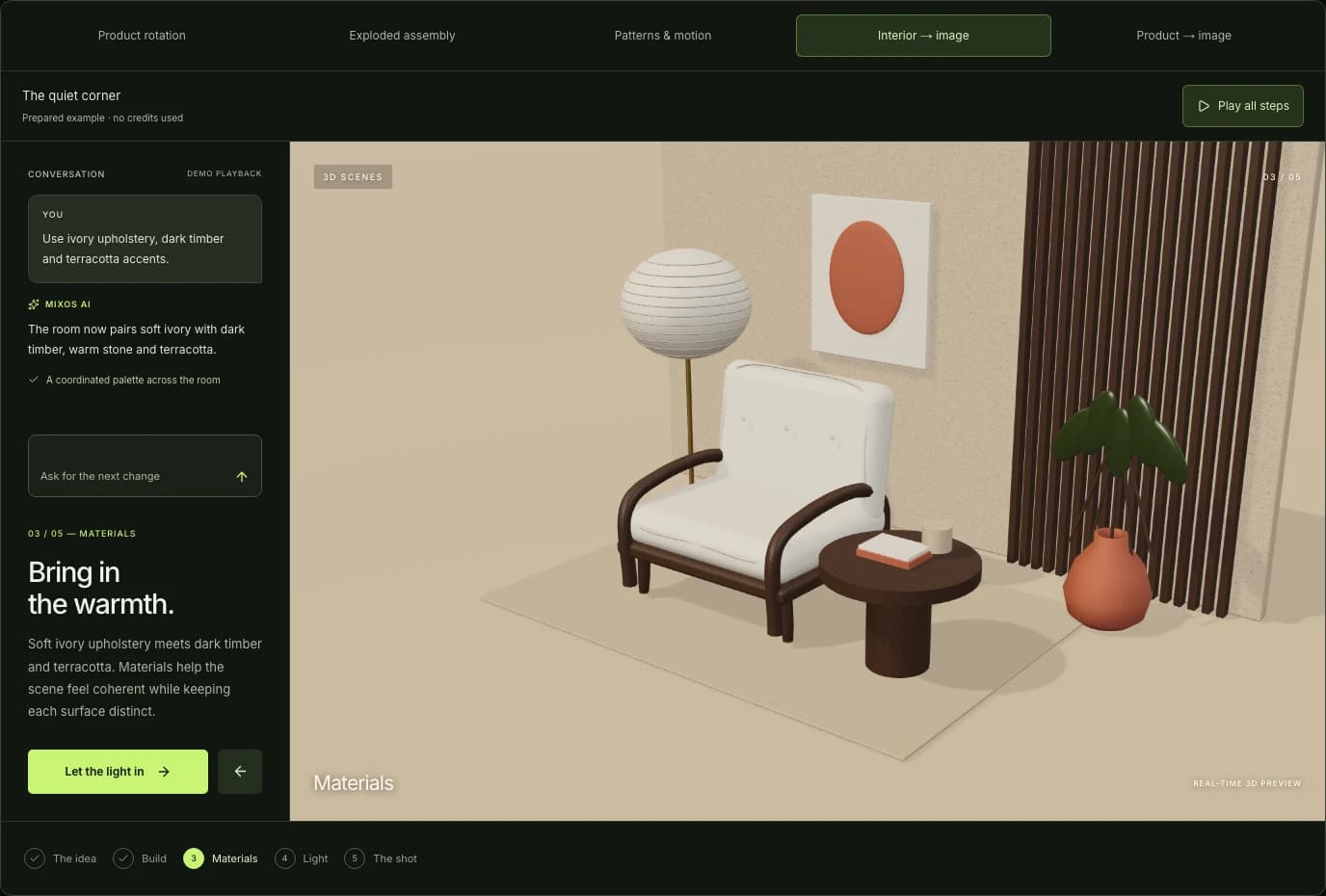 Prepared Mixos reading-corner demo with editable furniture and materials in a live viewport