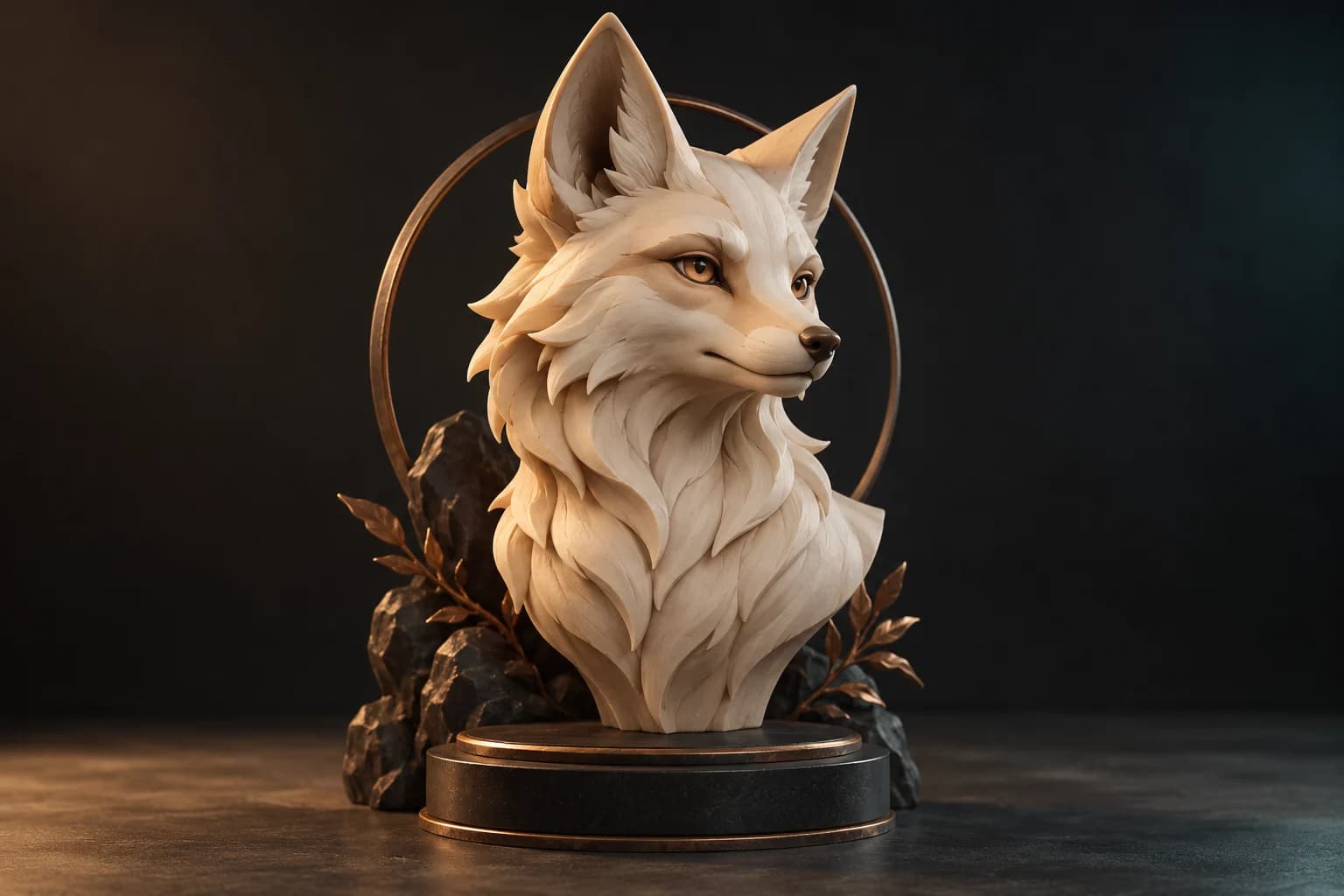 Expressive ivory clay fox bust with pointed ears and clean sculpted planes on a charcoal pedestal