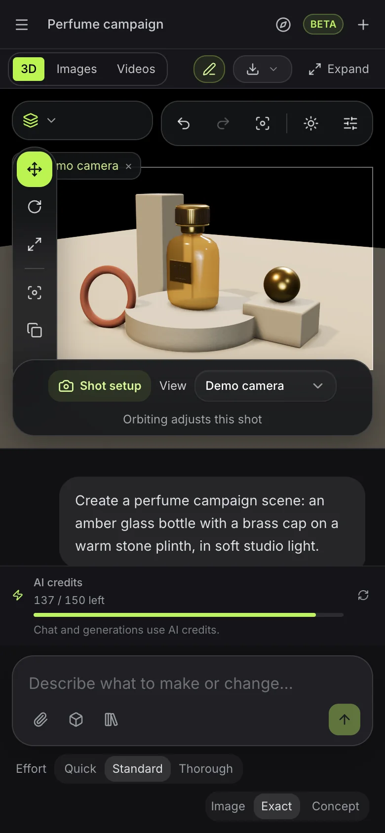 The same workspace on your phone. Chat below, live scene above. Expand the viewport to inspect the work, then carry on typing.