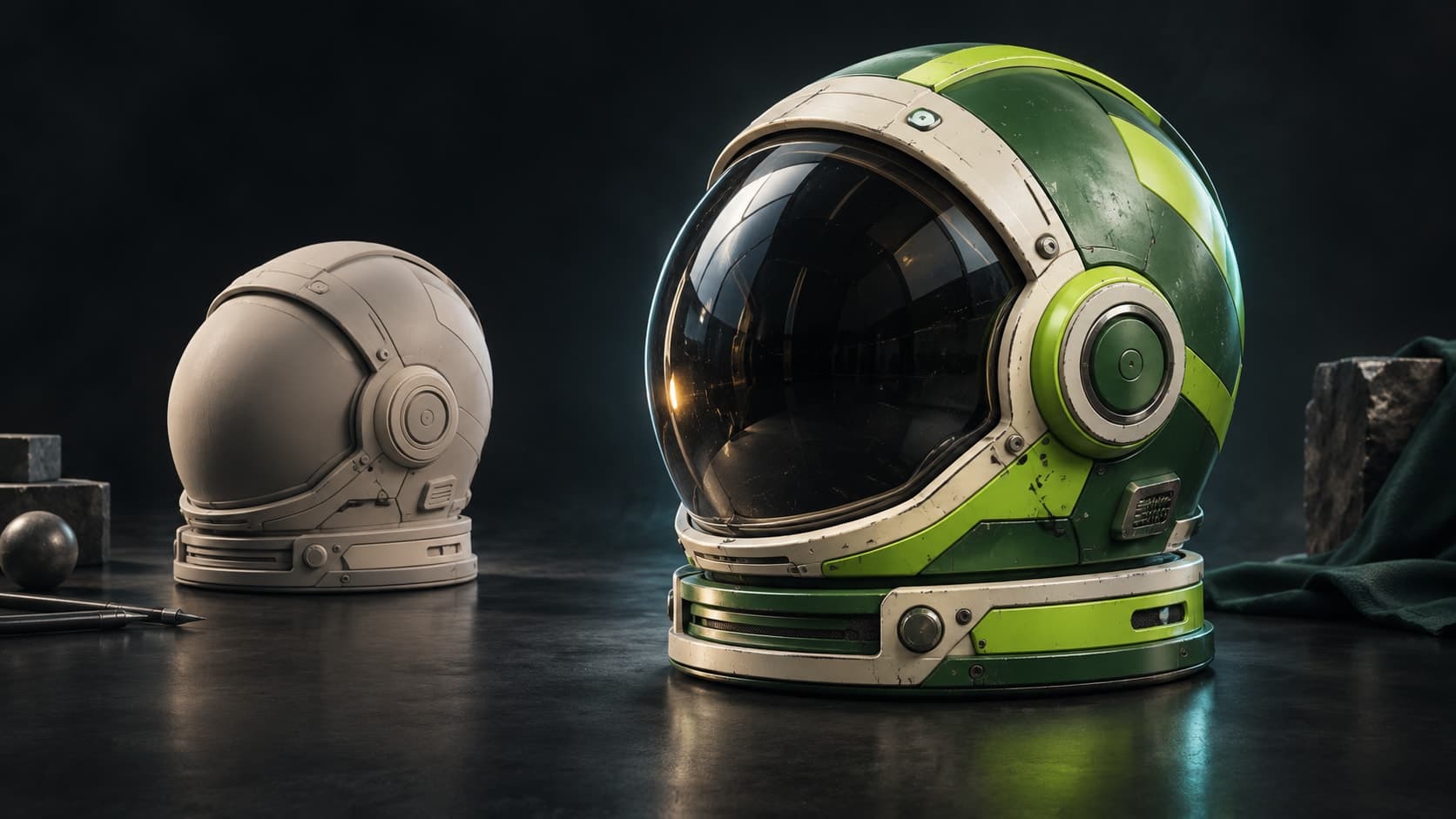 Yeşil boya katmanları ve malzeme ayrıntıları uygulanmadan önce ve sonra bir astronot kaskı.
