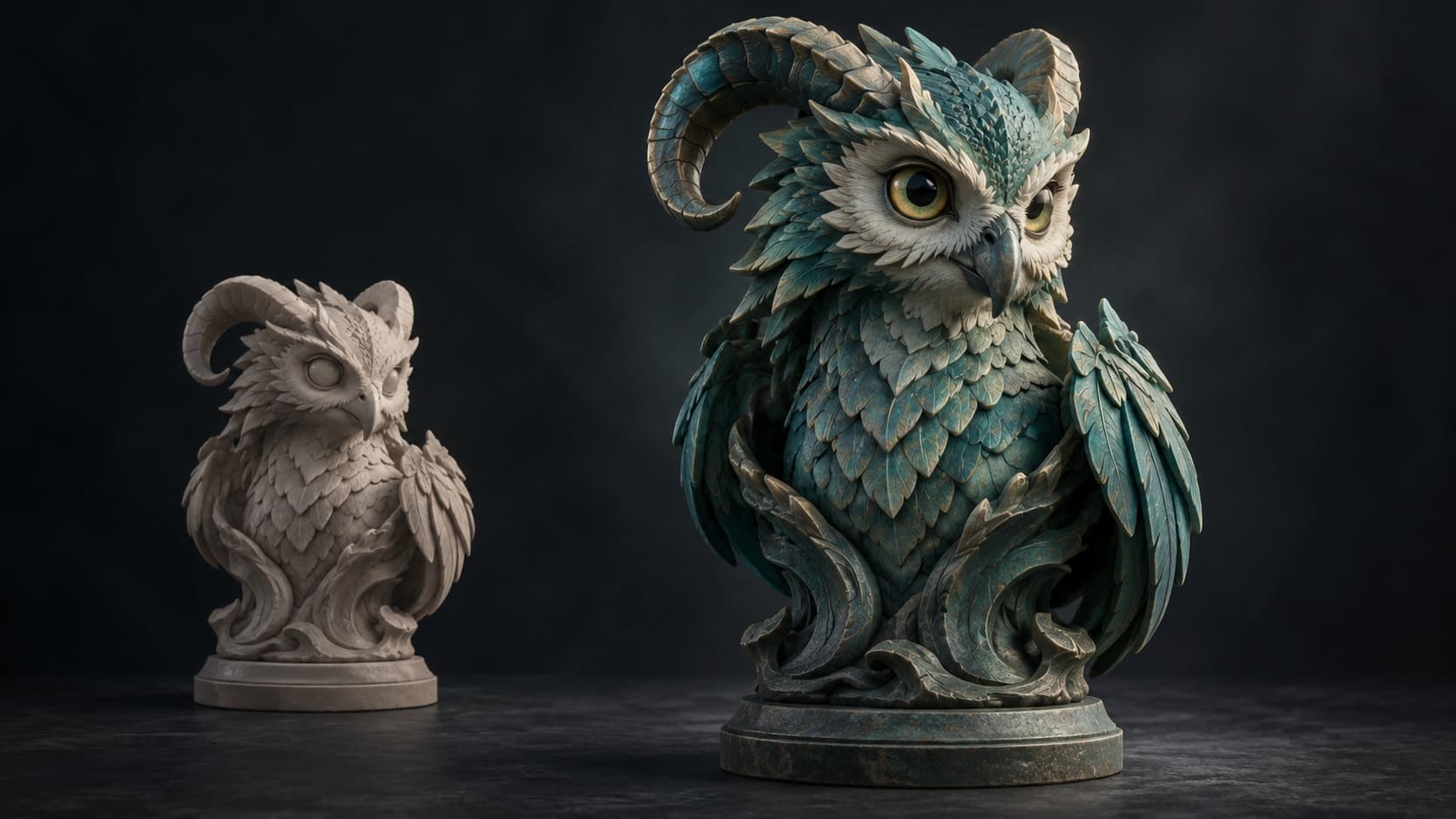Eine Eulen-Drachen-Skulptur als einfache Clay-Form und detailreiche türkisfarbene Figur.