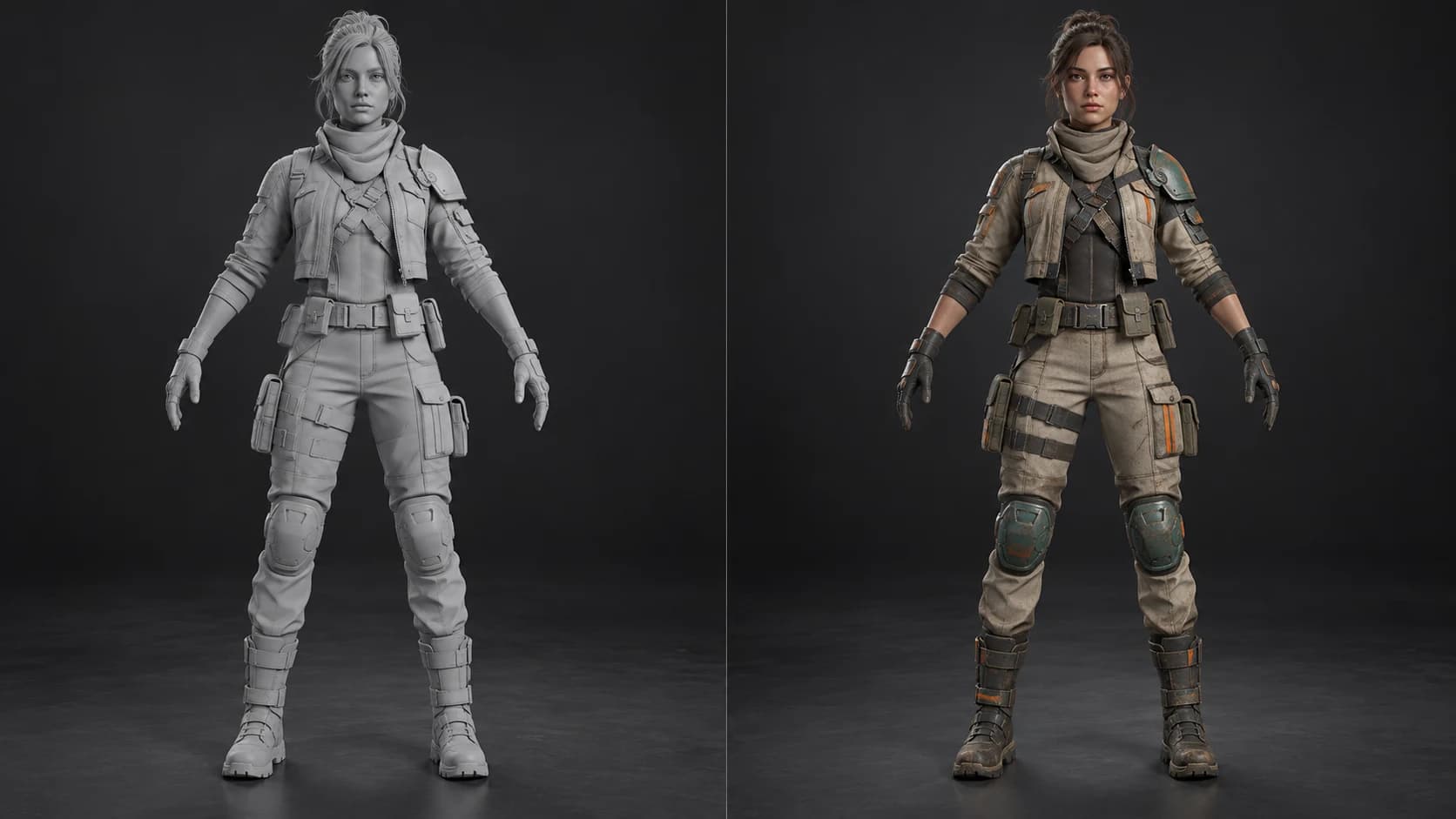 The same original science-fiction field engineer shown as an untextured gray character and with sand fabric, teal armor and orange details