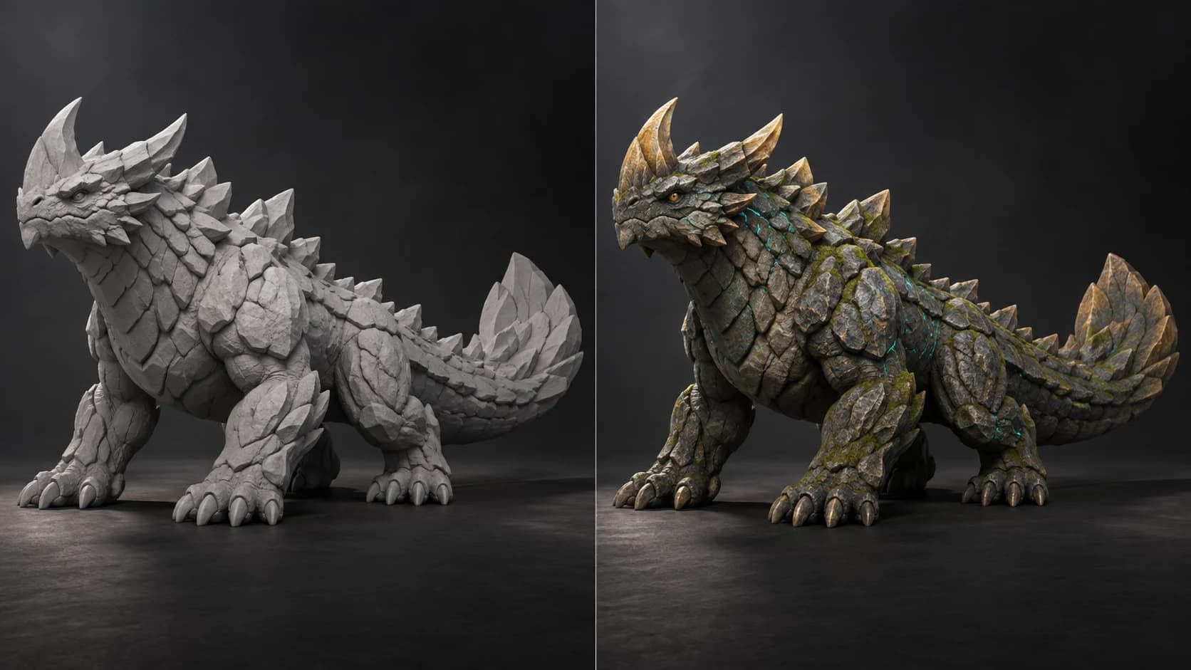 The same original horned rock lizard shown as an untextured gray creature and with basalt scales, moss and turquoise markings