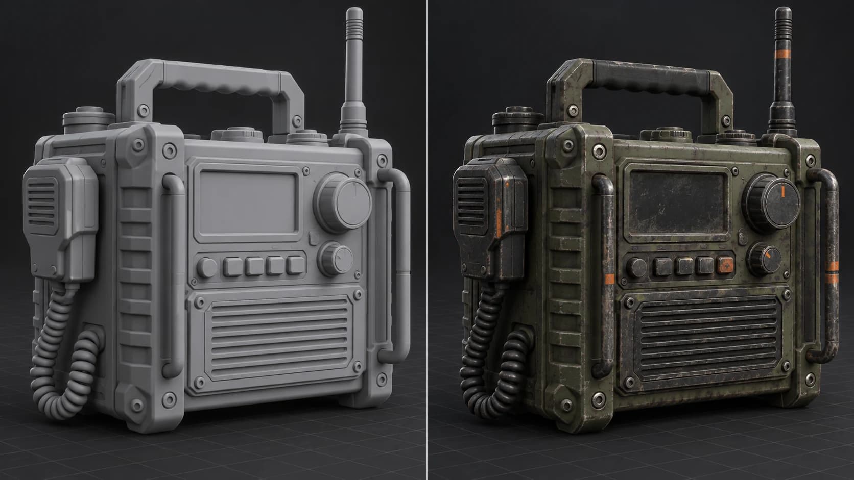 The same original science-fiction radio prop shown as an untextured gray model and with a weathered olive, black and orange PBR finish