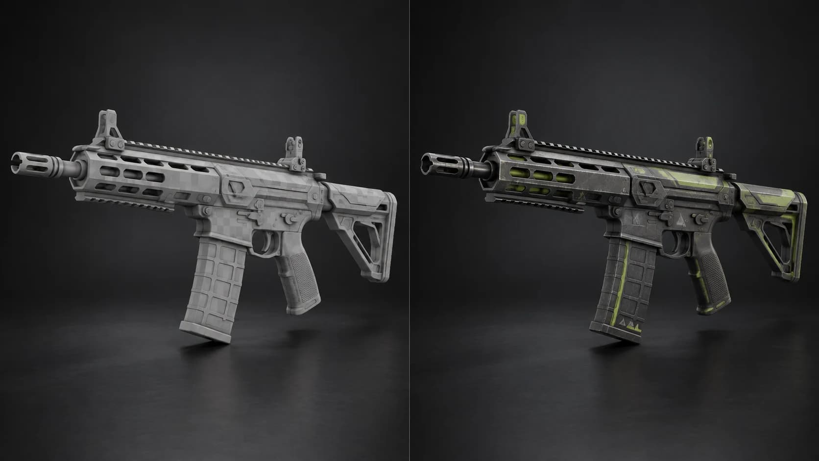 The same original weapon model shown as an untextured gray mesh and as a worn graphite and lime science-fiction finish