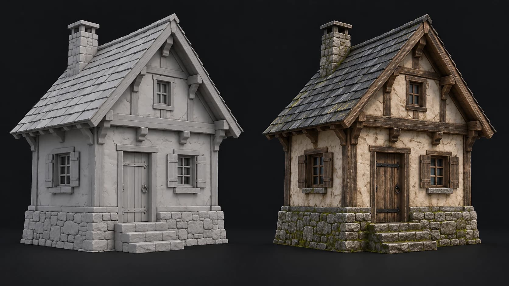 An alpine workshop concept shown in gray clay and with plaster, timber, slate and mossy stone materials