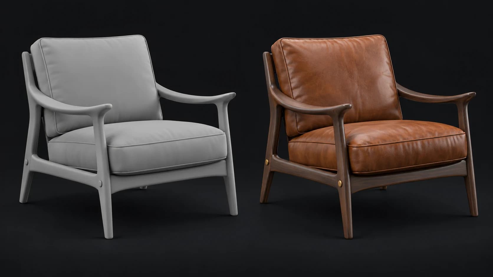 A lounge chair concept shown in gray clay and with walnut, cognac leather and brass materials