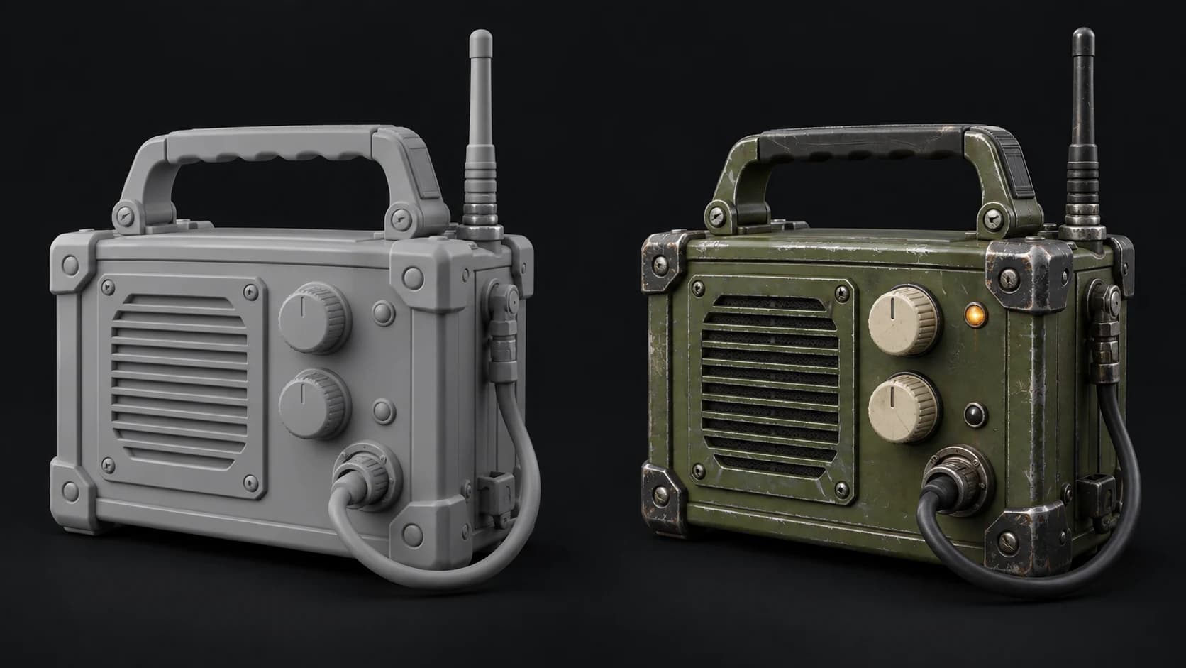 A field radio concept shown in gray clay and with olive enamel, cream knobs and worn metal guards