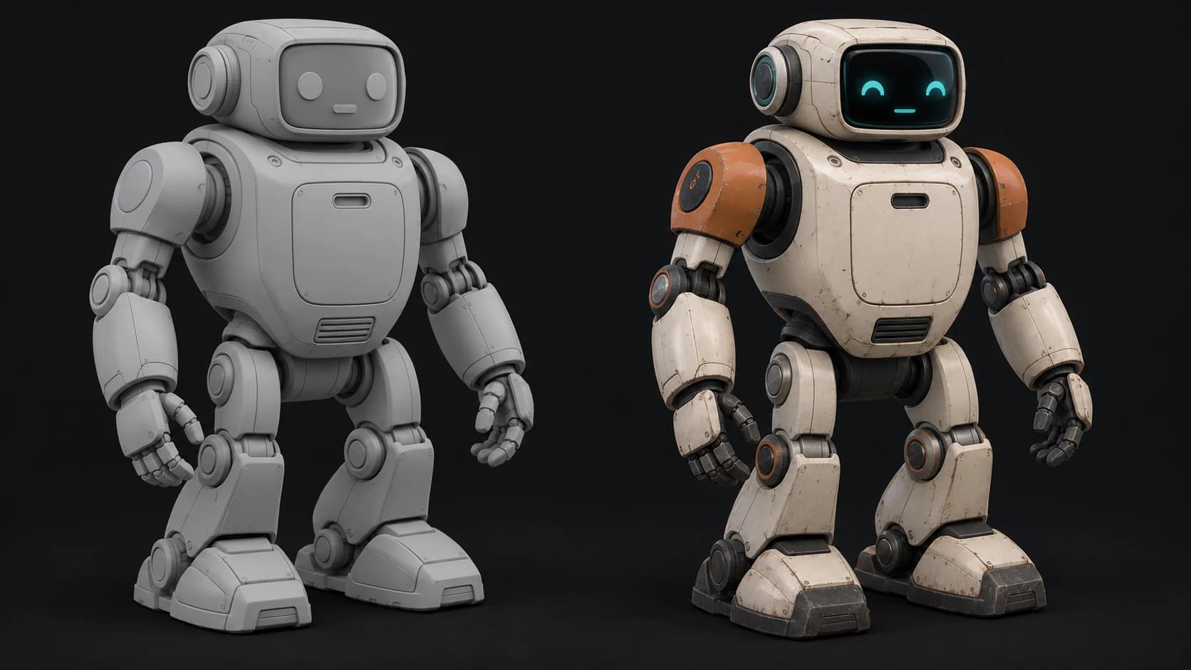 A service robot concept shown in gray clay and with ivory and orange panels, dark joints and a teal face