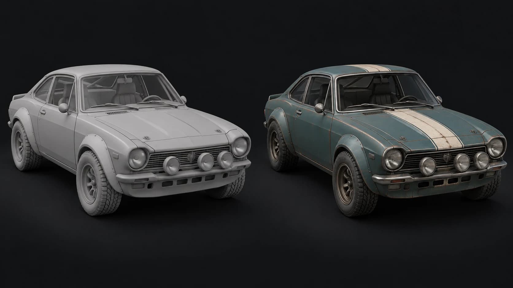 A vintage rally coupe concept shown in gray clay and with faded teal paint, an ivory stripe and weathered metal trim
