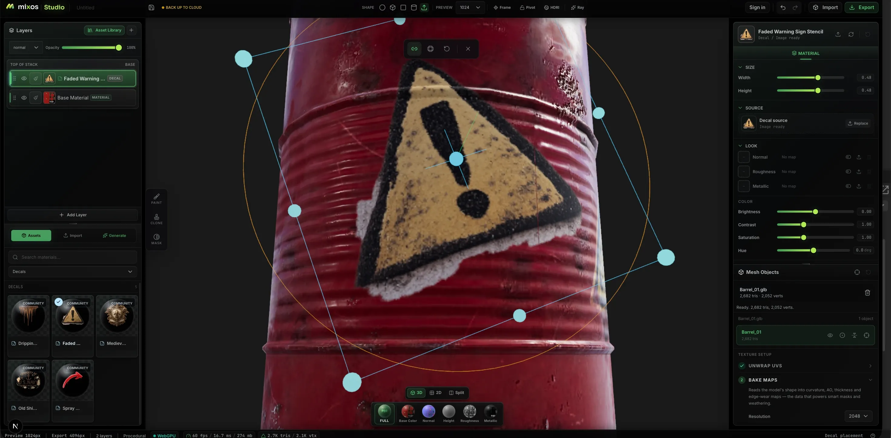 A red barrel in Mixos with a faded warning-sign decal being placed on its surface via an on-mesh transform gizmo, with the decal's size, source and color controls in the panel and a community decal library on the left.