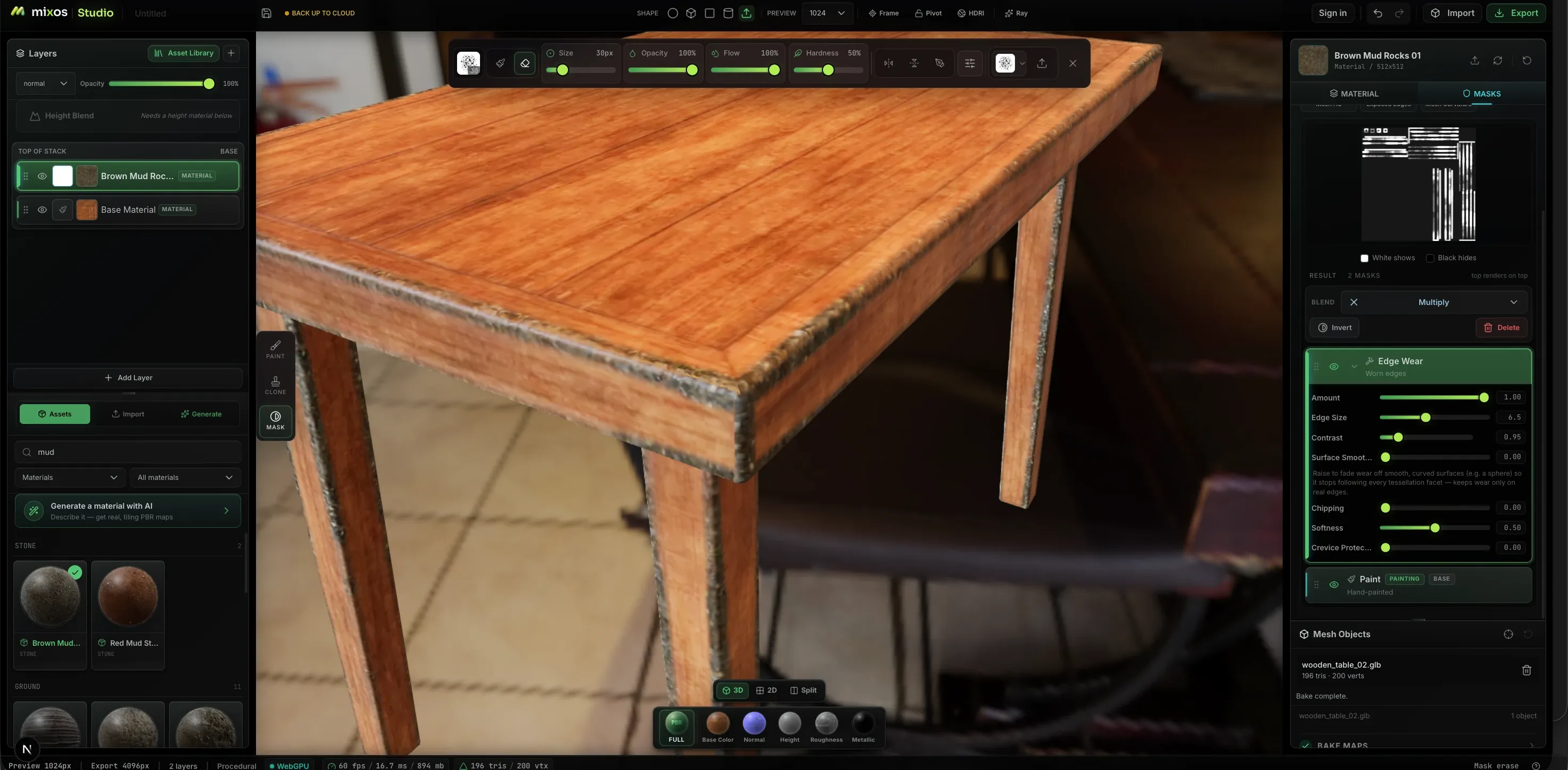 A game asset in Mixos with a smart material and curvature-aware edge wear applied, ready to export PBR textures for Unity's URP/HDRP Lit shader