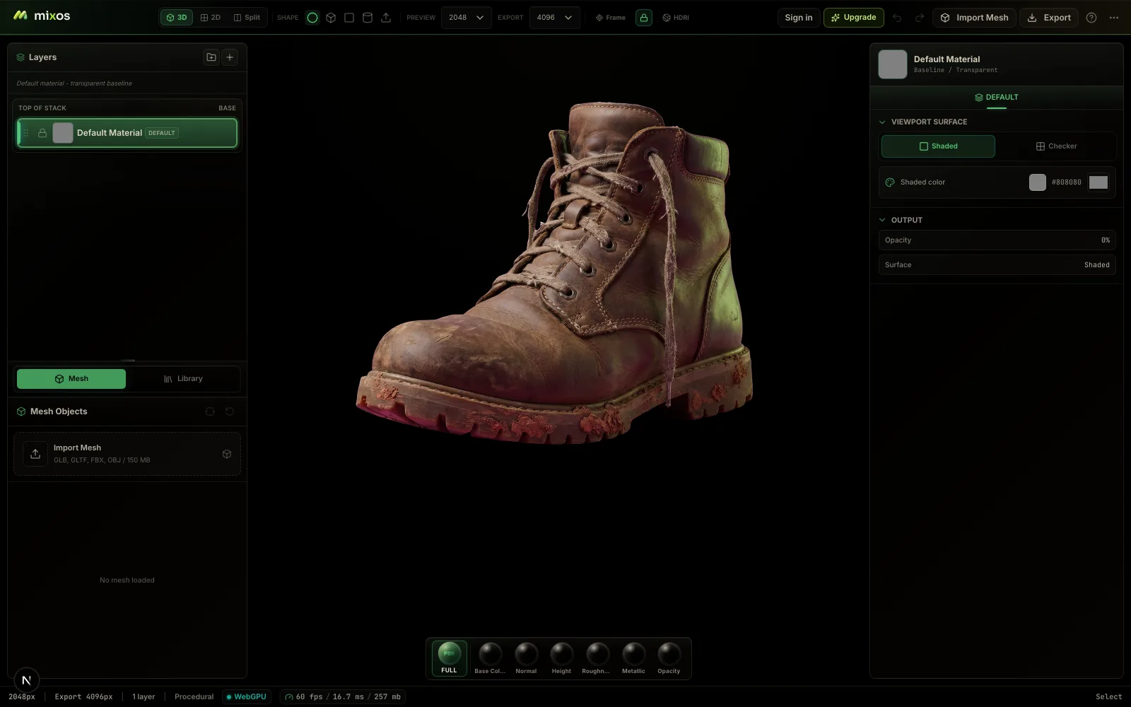 A game-ready worn boot asset textured in Mixos, ready for Unity's URP/HDRP Lit shader