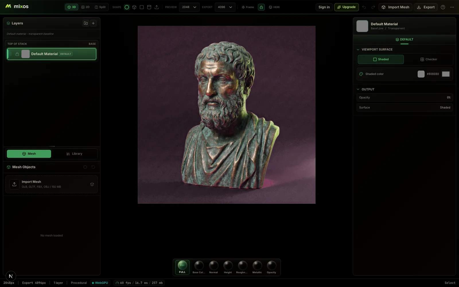 A bronze bust textured in Mixos, ready to export PBR maps