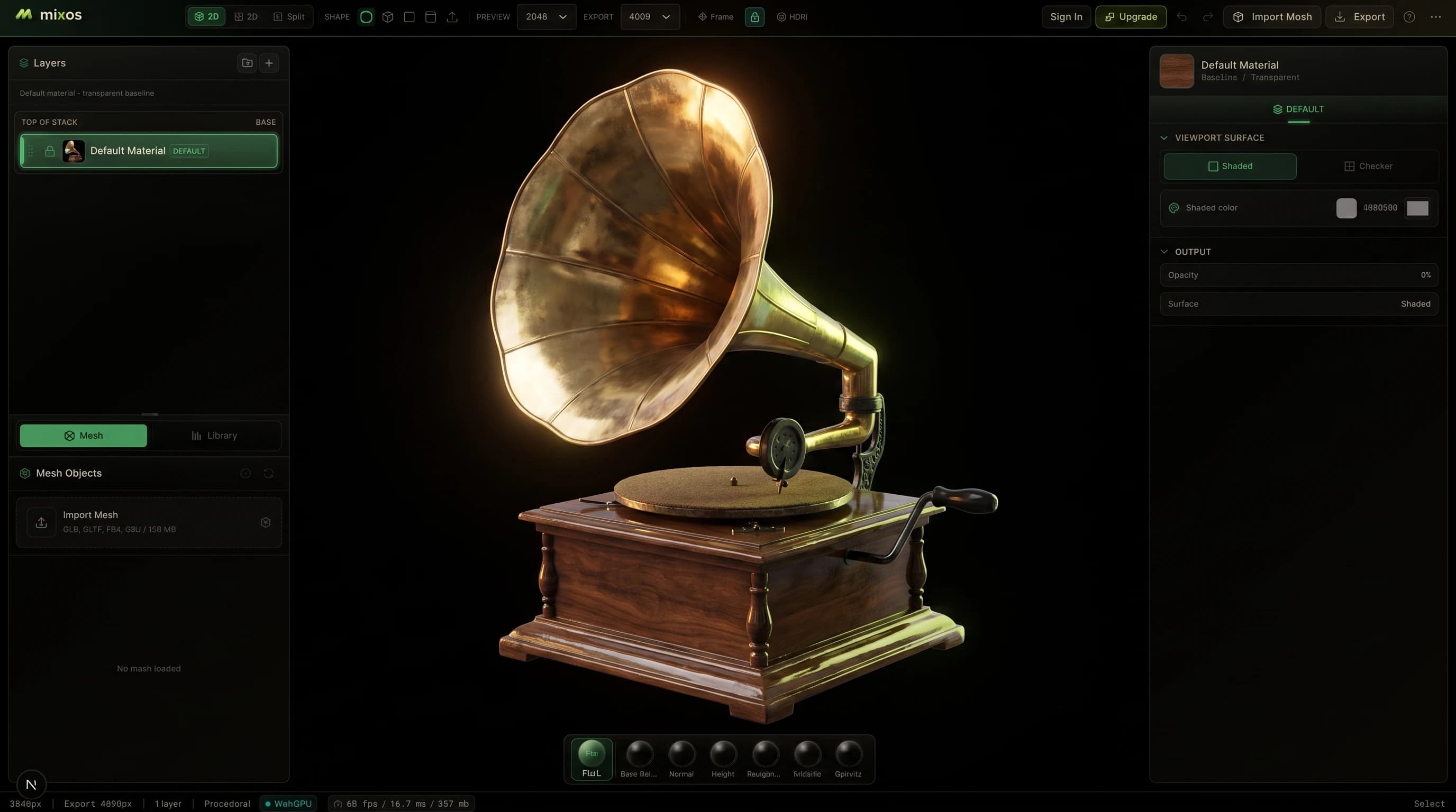 A gramophone fully textured in Mixos — a brass horn and polished wood base — shown in the editor viewport after auto-texturing