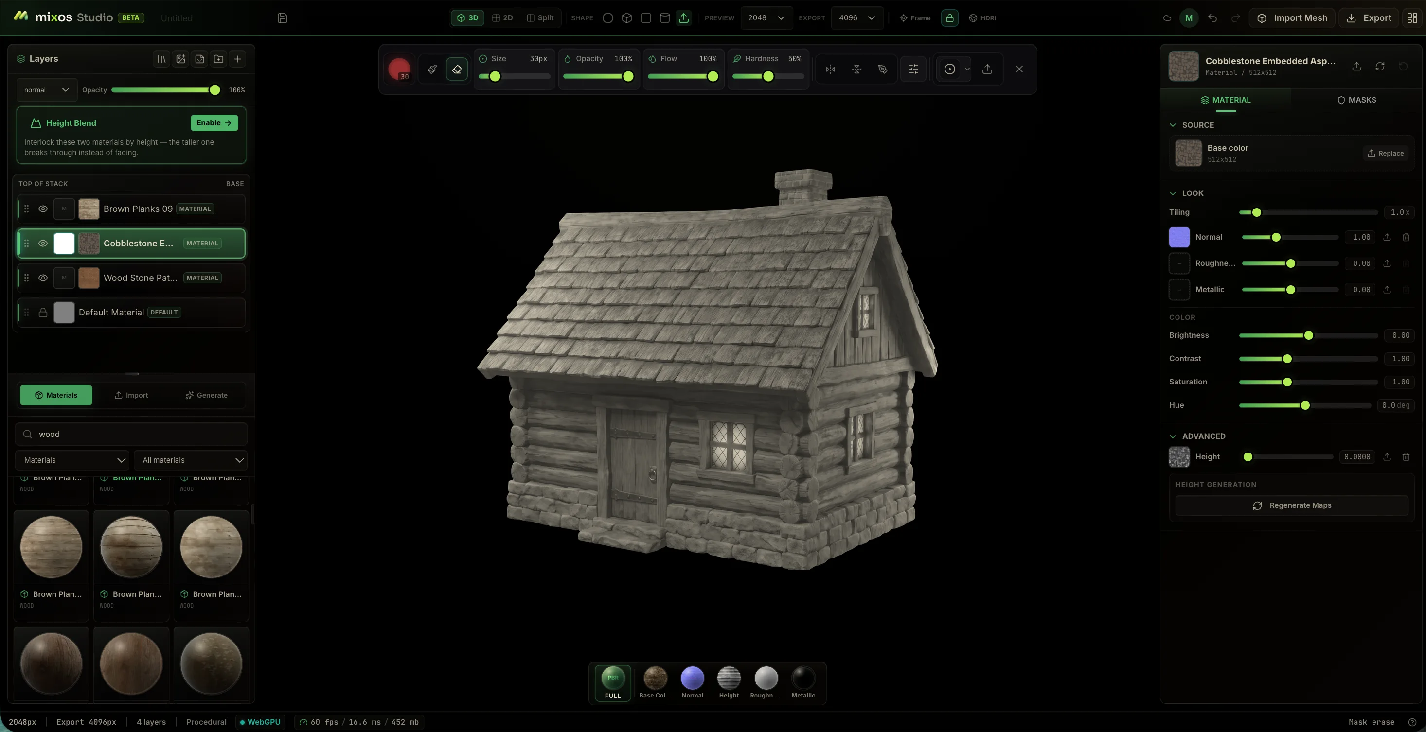 The same cottage shown as a raw untextured grey default-material mesh, before any painting.
