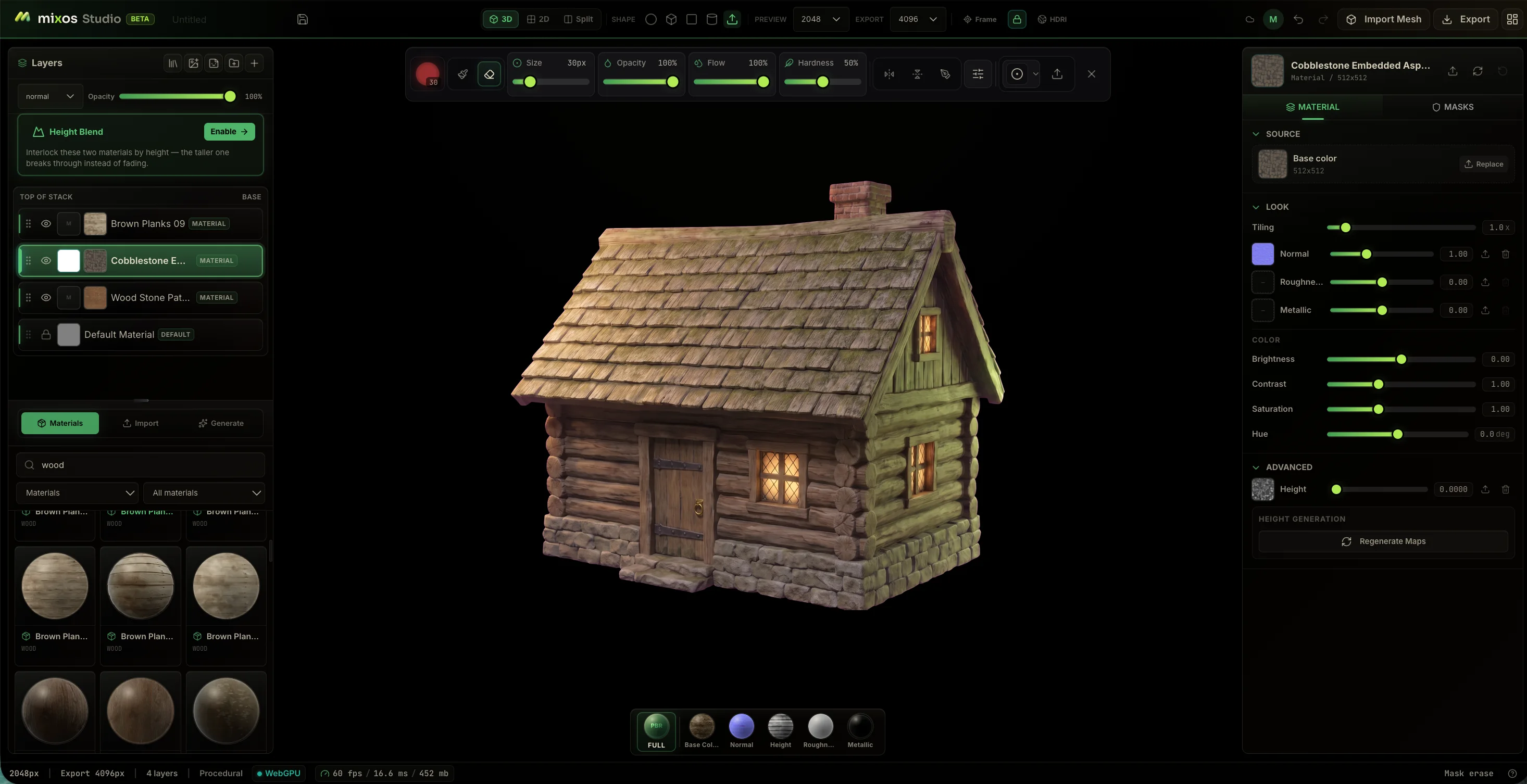The Mixos editor running in a browser tab: a cottage fully textured with rich PBR materials — stone, timber, mossy shingles, brick and glowing windows — in the viewport, with the layer stack on the left and channel properties on the right.
