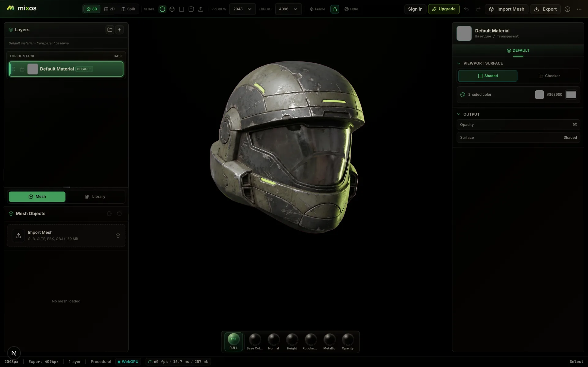 Painting PBR materials on a sci-fi helmet in the Mixos browser viewport