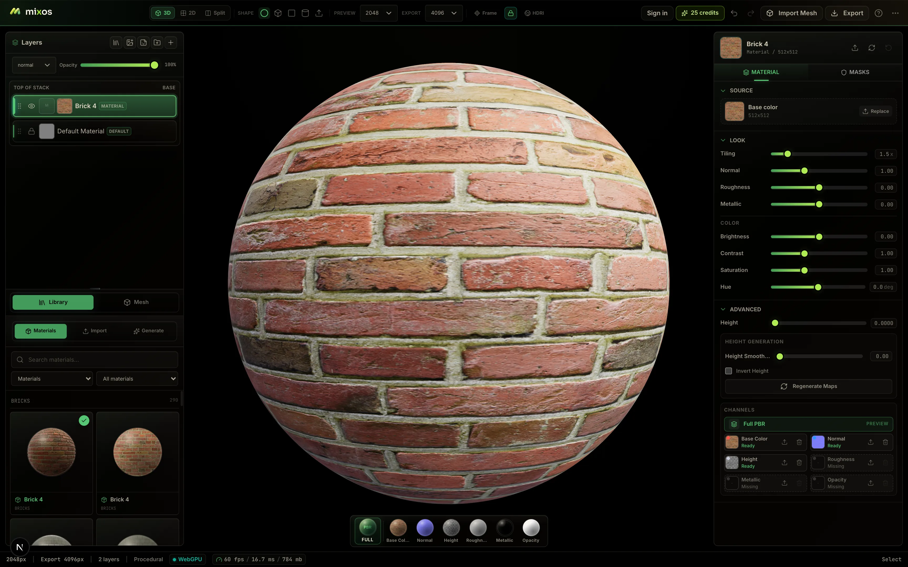 Layer-based PBR material editing in the Mixos browser editor — a Substance Painter-style workflow