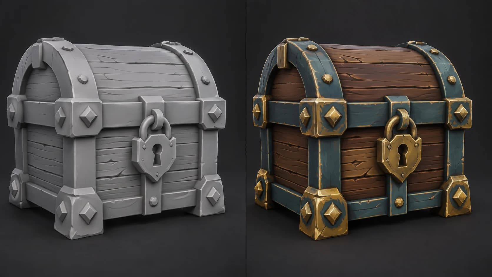 The same original fantasy treasure chest shown as an untextured gray prop and with hand-painted walnut, blue-green iron and gold accents