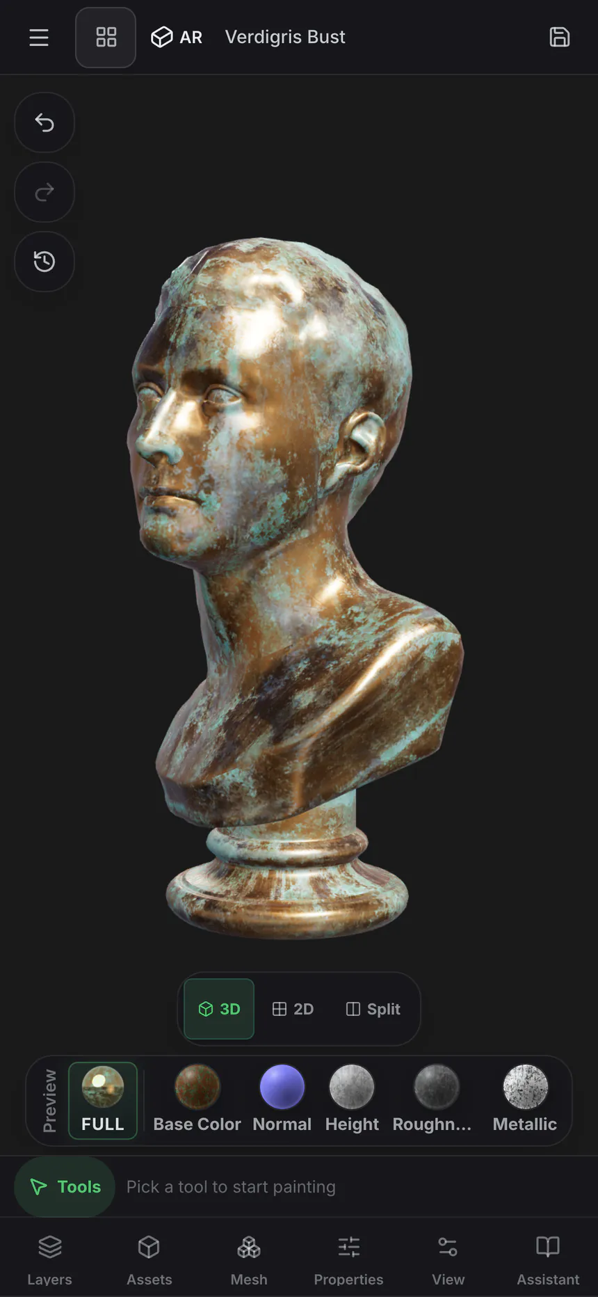 Mixos Paint on iPhone, showing a copper bust with verdigris and PBR material channels