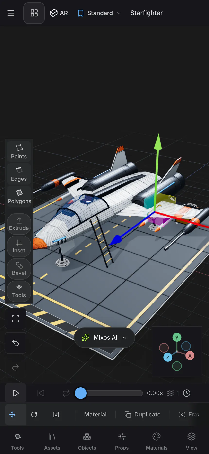 Studio op een iPhone: een sterrenjager op een landingsplatform met zijn wireframe zichtbaar, de verplaatsgizmo op de selectie en de modelleerbalk met Points, Edges, Polygons, Extrude, Inset en Bevel aan de linkerkant.