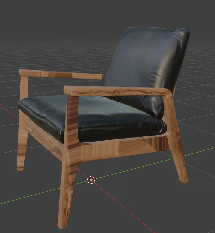 The same armchair in Blender's viewport with the streamed textures applied to its material