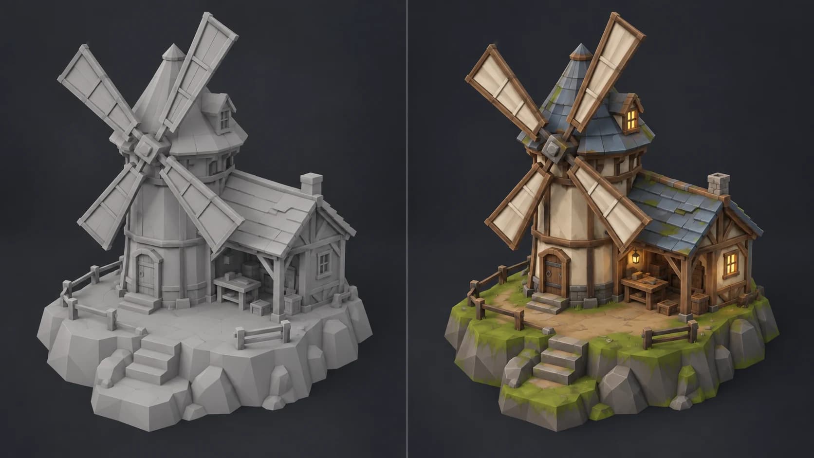 The same original low-poly windmill workshop shown as an untextured gray asset and with warm wood, cream walls, blue roof and moss