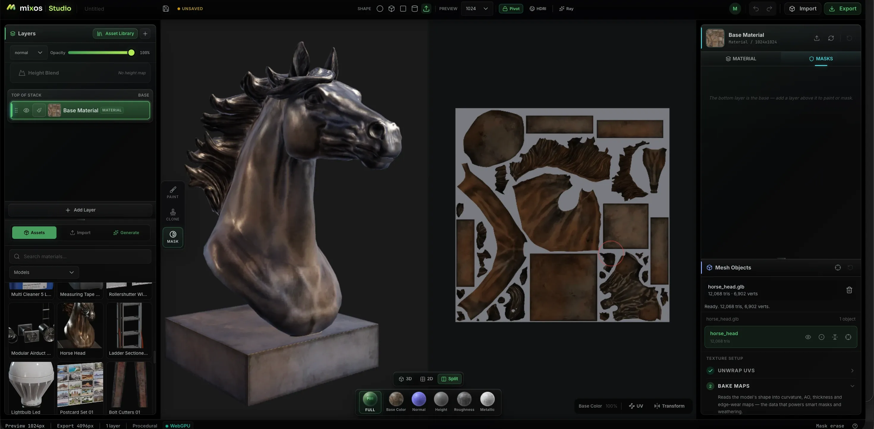 The Mixos workspace with a horse-head model loaded: the layer stack and asset library on the left, a split view showing the shaded 3D model beside its unwrapped UV texture, and the material and masks panel with the mesh's tris, UV unwrap and map bake steps on the right.