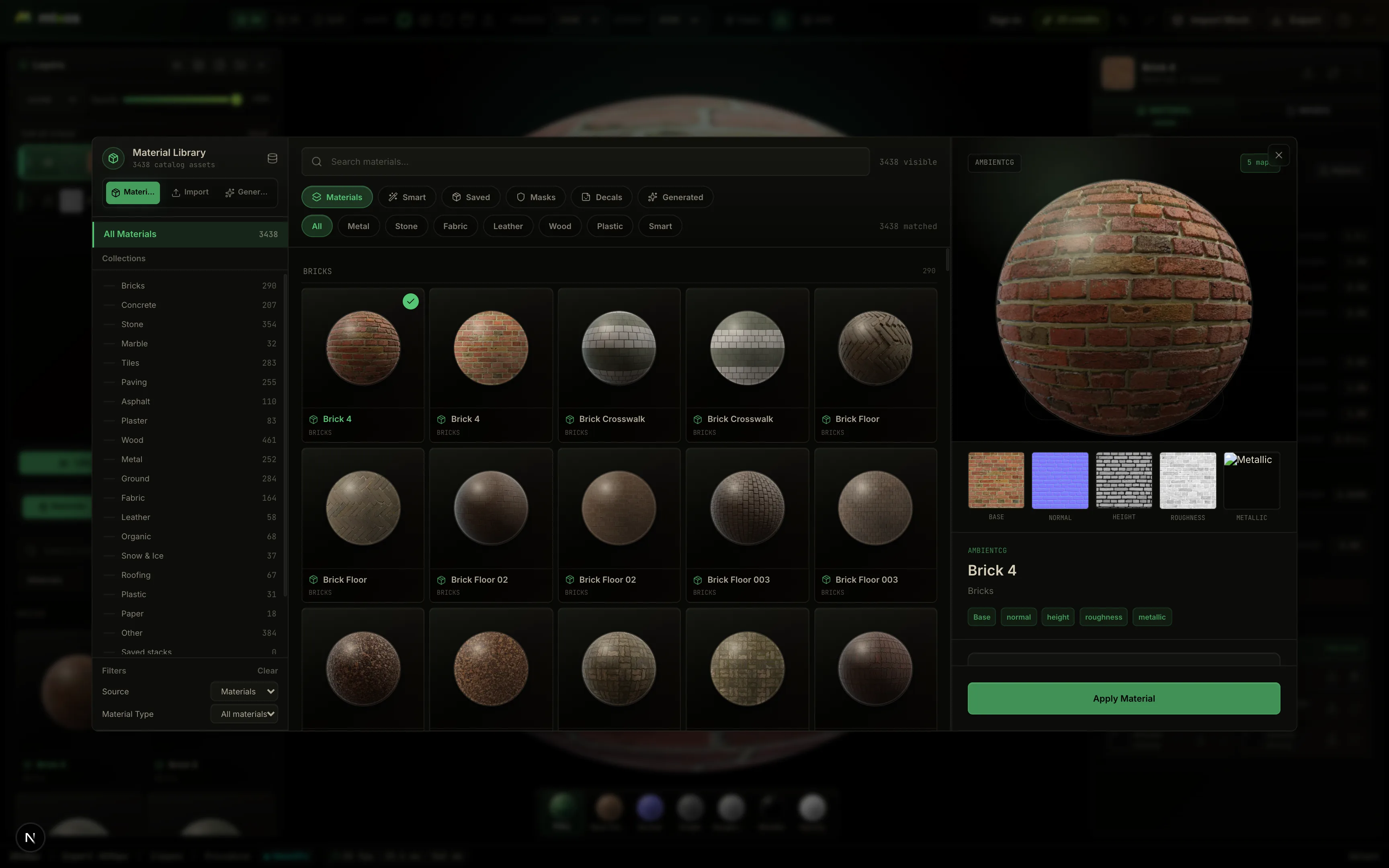 The Mixos PBR material editor and its library of ready-made materials, previewed in 3D