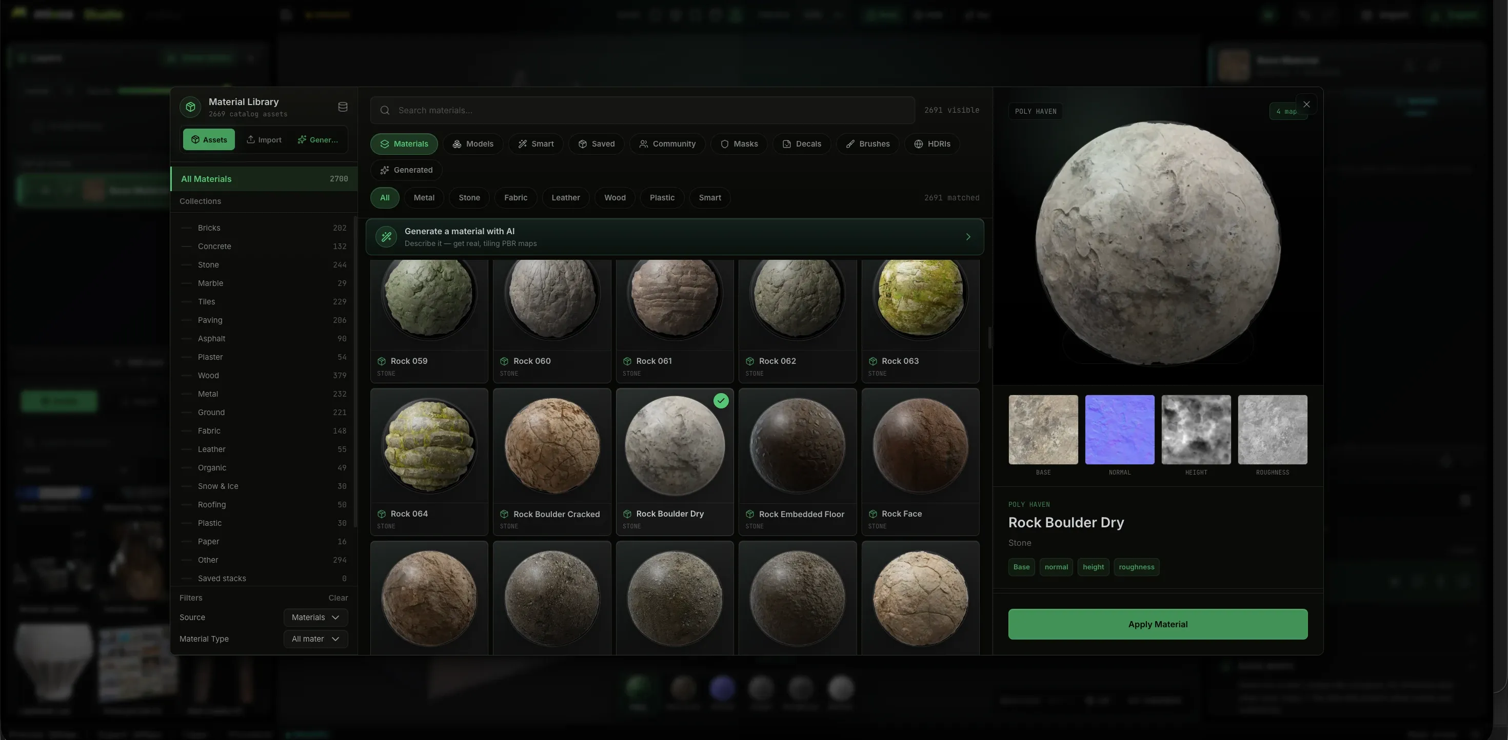 The built-in Mixos PBR material library
