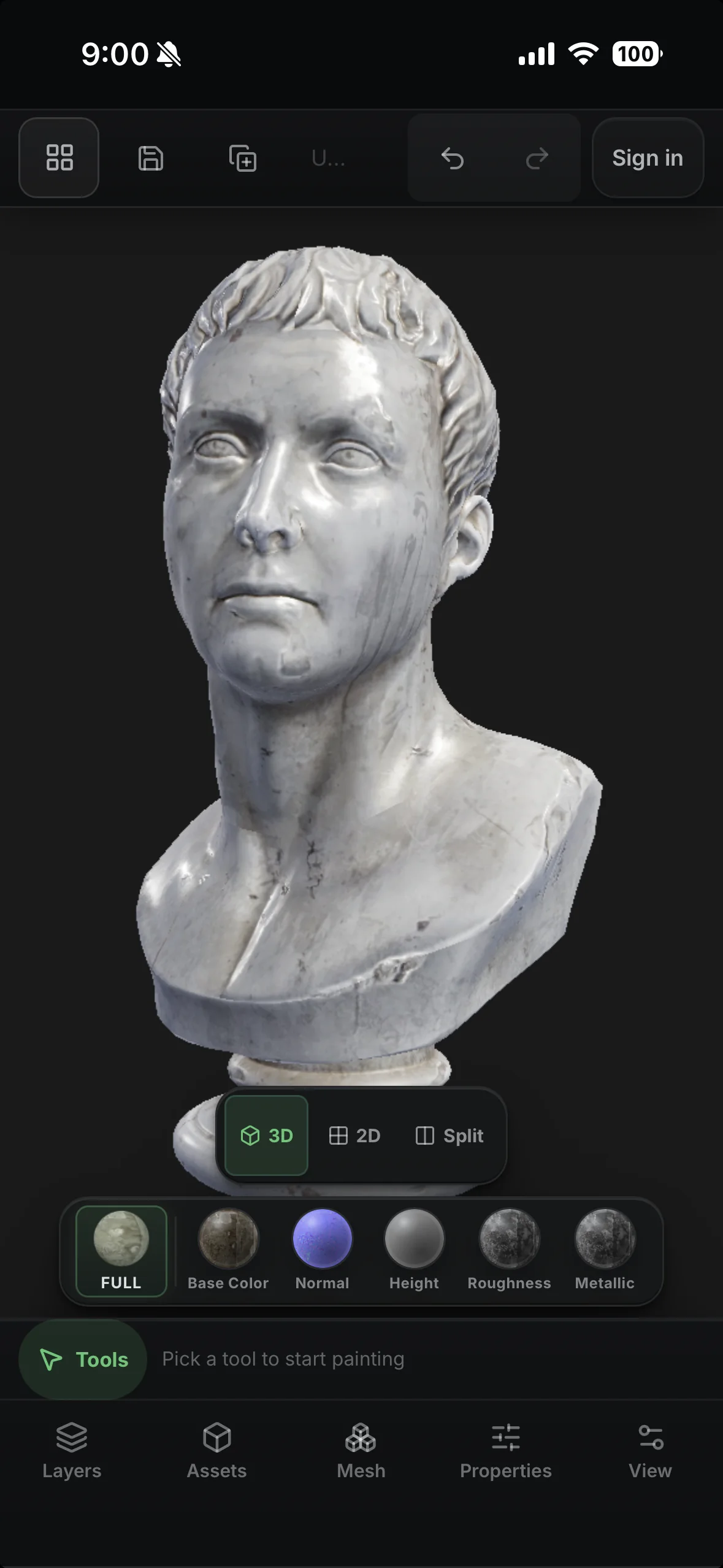 Mixos painting on a phone: a full-bleed 3D view of a marble bust with the channel switcher and a Layers / Assets / Mesh / Properties / View dock along the bottom