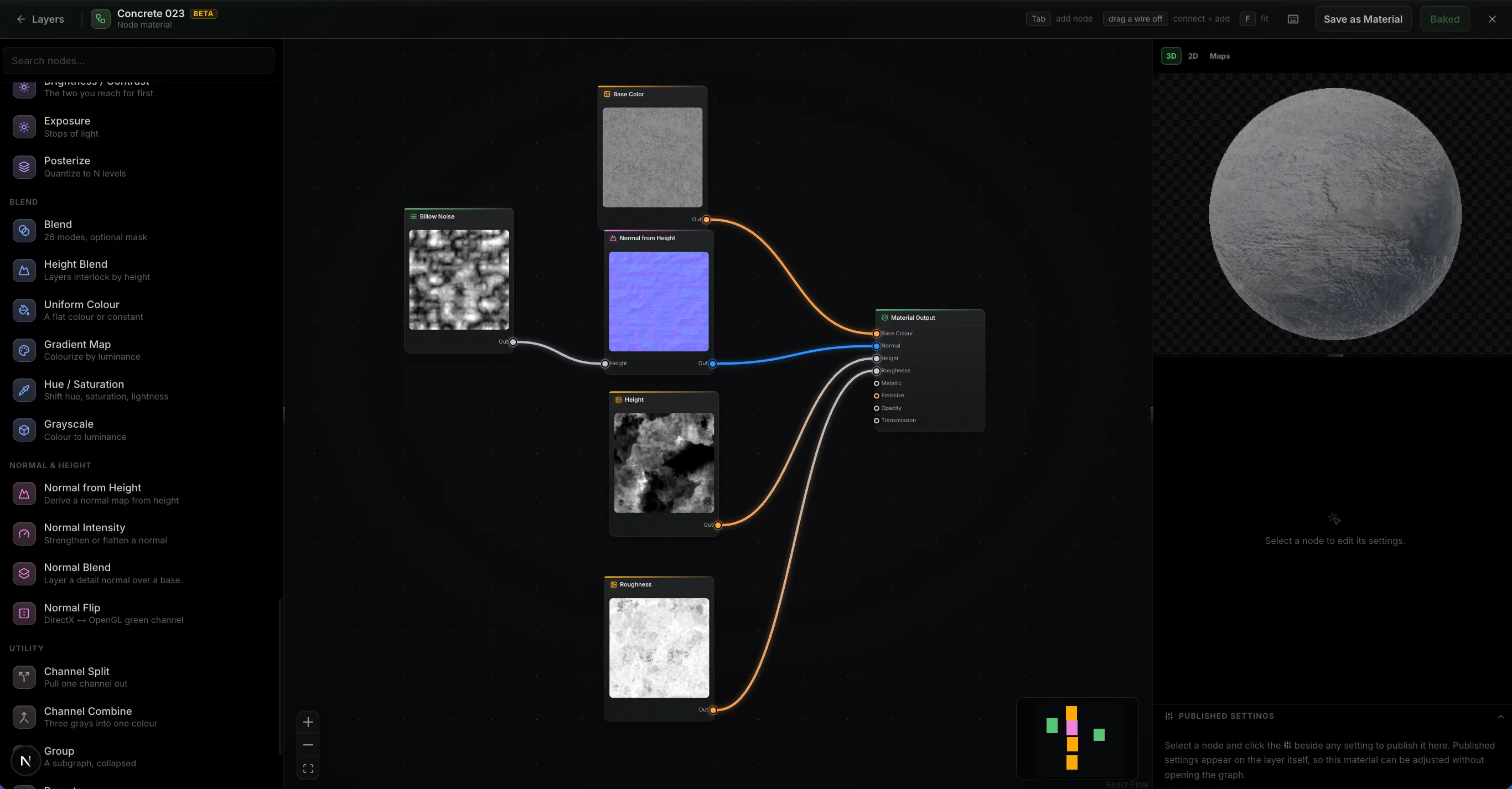 The Mixos node editor: a searchable node library on the left, a graph wiring a Billow Noise generator through Normal from Height into the Material Output's Base Colour, Normal, Height and Roughness inputs, and the resulting concrete material previewed live on a 3D sphere beside the Published Settings panel.